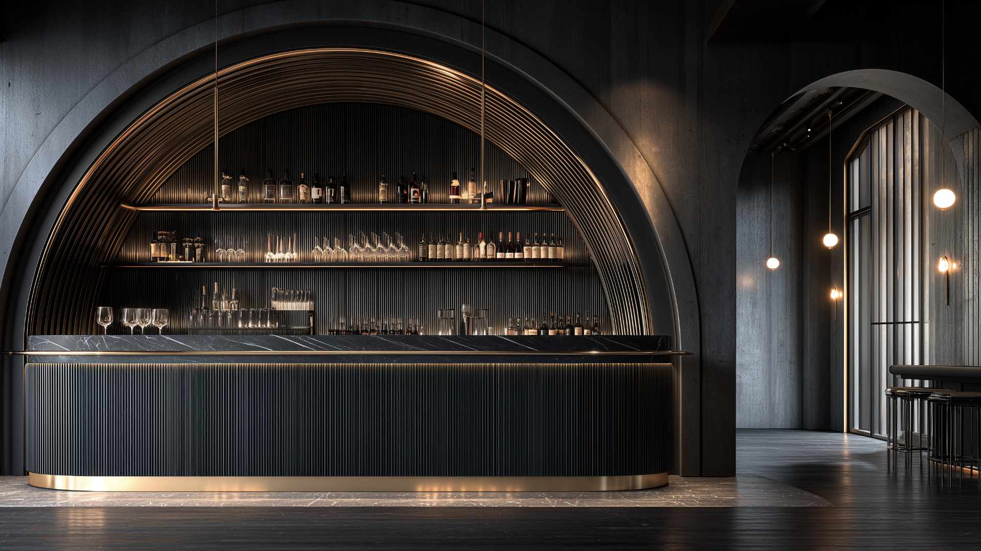 Photorealistic render of a luxury bespoke bar layout